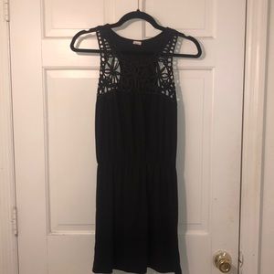 Black mini dress with lace neckline